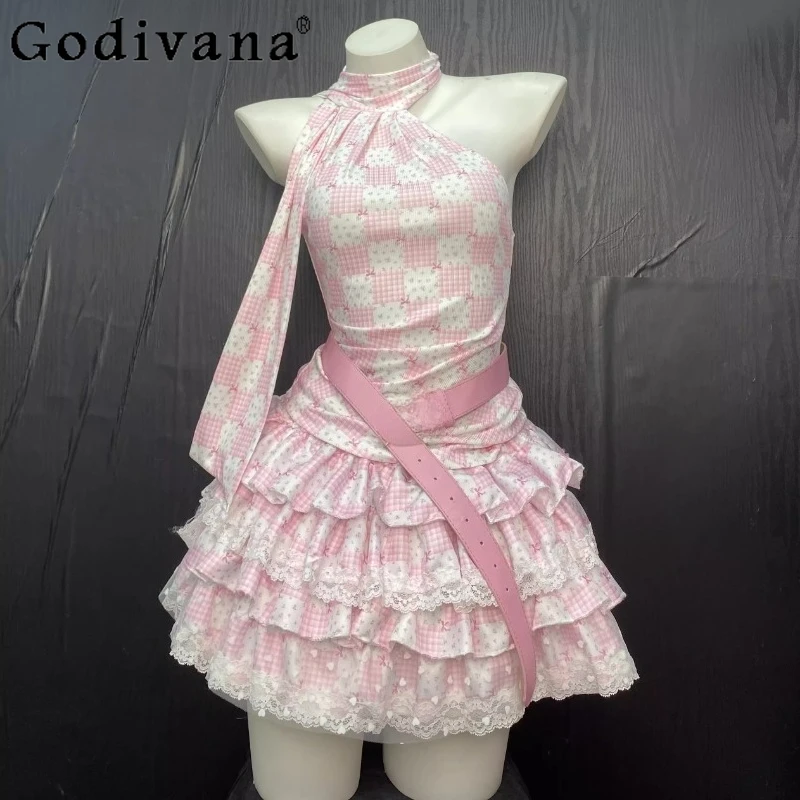 

Sweet Girl Skirt Set Sleeveless Neck Suspender Top Subculture Cake Skirt Two Pieces Suits Women's Pink Princess Outfits