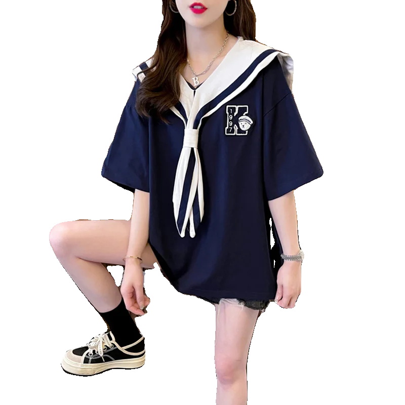 plus Size Women's Cotton ort Sve T-irt Summer 2026 Trendy Doll Collar Top Slimming Belly Covering Korean Sle view 5