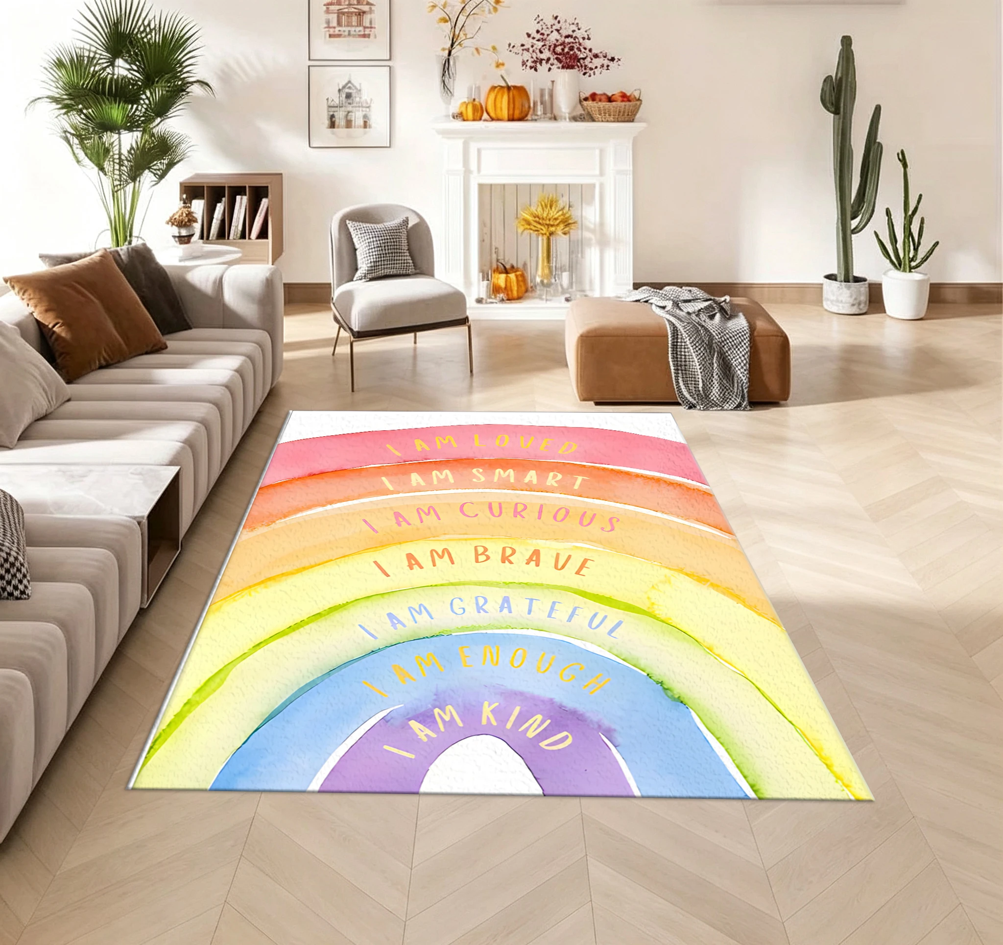 Positive Affirmation Watercolor Rainbow Rug, Printed with Inspirational Messages, Floor Mat, Children's Room Rug