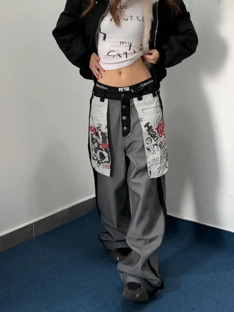 American Retro Graffiti Print Reverse Wear Jeans Women's Loose Wide Leg Pants with Big Pockets Slimming Effect Floor Length