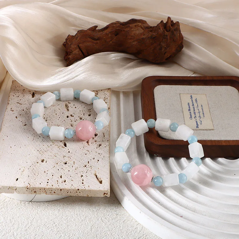 Minar Sweet 8-18mm White Blue Pink Contrast Color Natural Stone Crystal Elastic Strand Bracelets for Women Wholesale Accessories