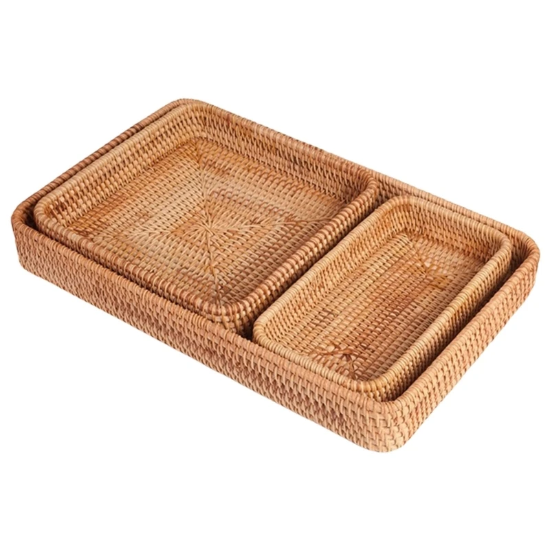 3 Piece Natural Rattan Tray Set Handwoven Storage Baskets for Coffee Table Organization Bathroom Essential Countertop Decors