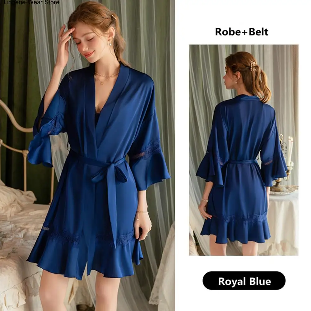 Elegant Ruffle Women's Robe Kimono Gown Sexy Hollow Out Lace Mujer Lingerie Nightgown Sleepwear Loose Silky Satin Home Dress 3