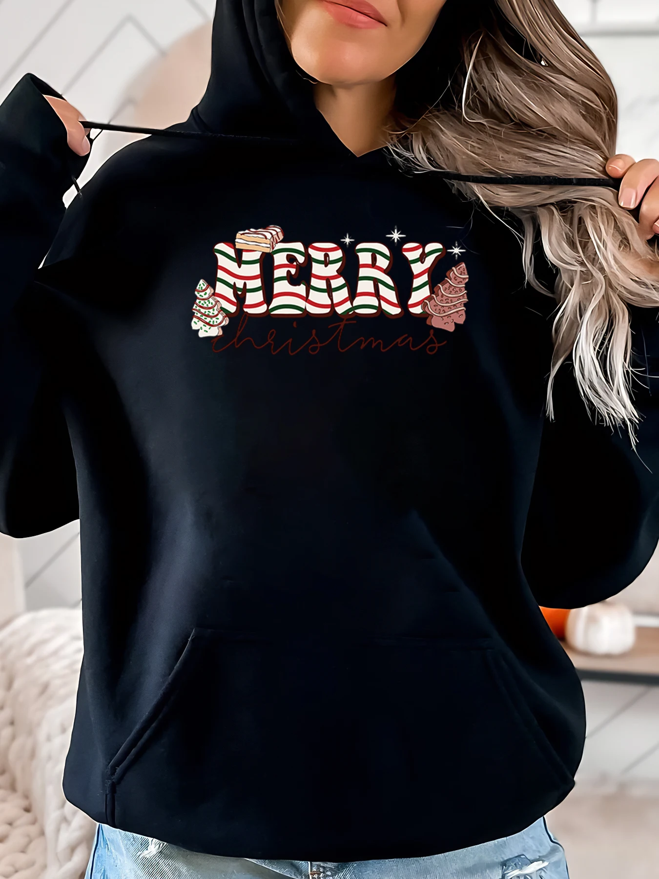 

С Рождеством полосатая толстовка с принтом дерева, женская праздничная повседневная одежда, черная, больших размеров