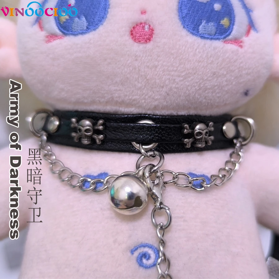 20cm Cotton Doll Choker Skull Necklace with Chains Bell Leather Leadrope Handmade Cotton Doll Accessories