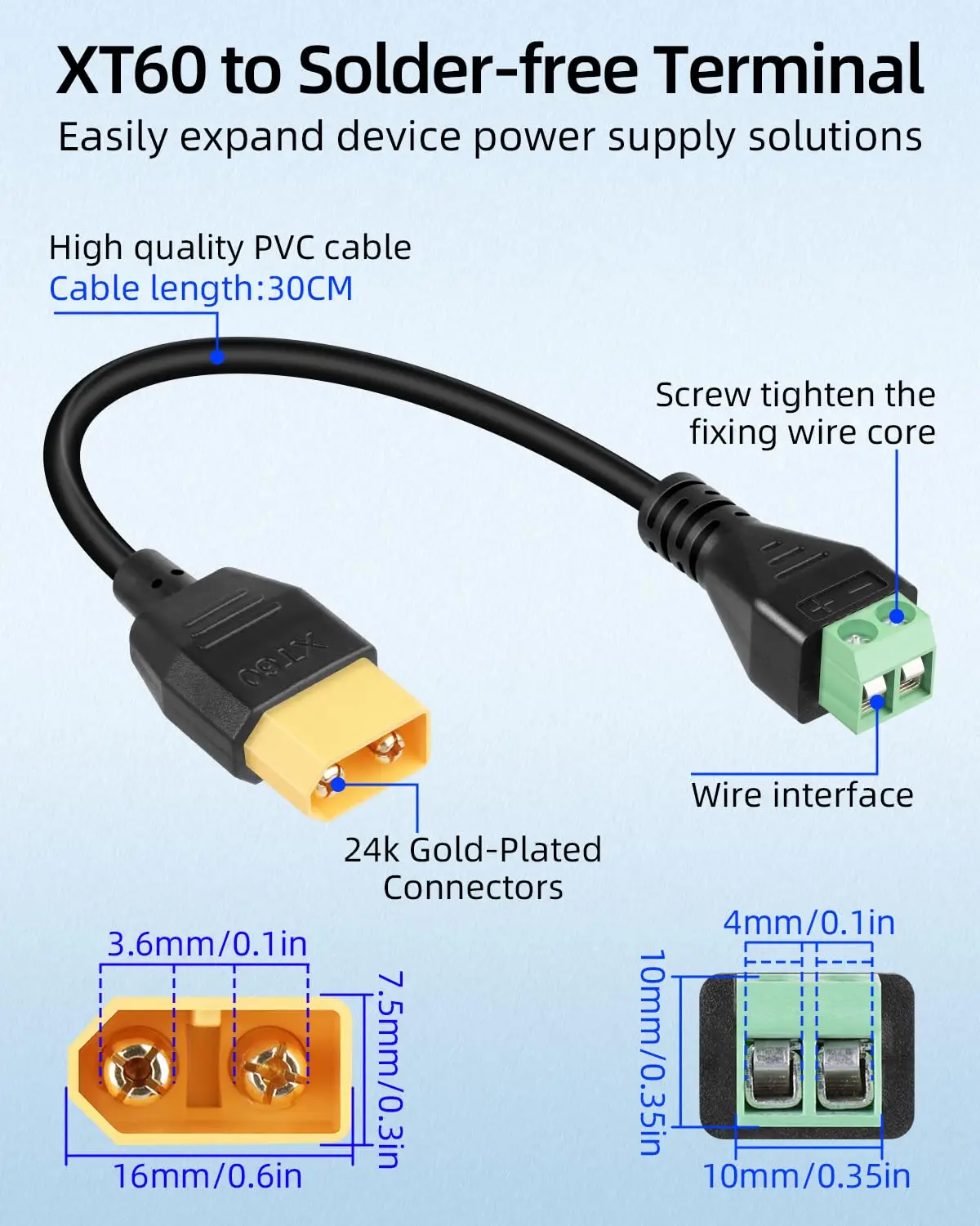 30cm/1Ft XT60 Male to 2pin Terminal Adapter Solderless XT60 Connector Cable for Portable Power Station, Drone, Solar Panel