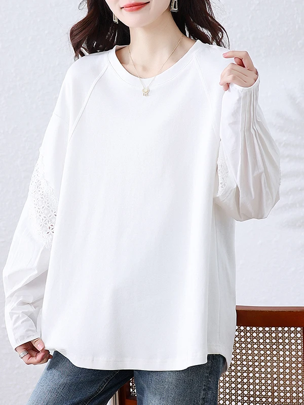 Hoodie Wanita Model Lace Splicing, Longgar, Bahan Katun Nyaman, Cocok untuk Musim Gugur, Model Kasual, Fit Longgar, Atasan Baju Kaos