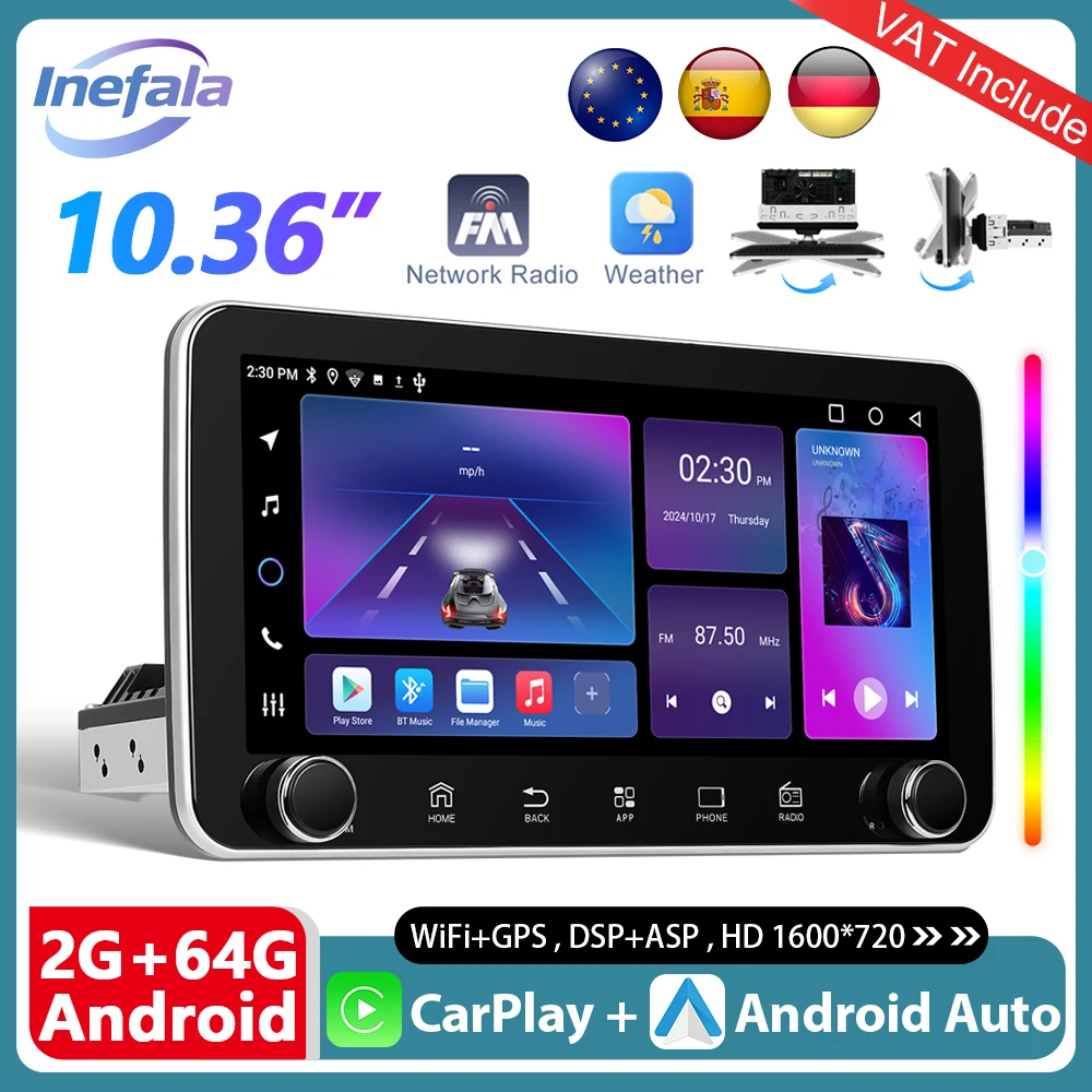 Podofo 10,36" IPS sans fil CarPlay Android Auto Radio 360 °   Lecteur multimédia de voiture à écran rotatif 1Din WIFi GPS Autoradio stéréo