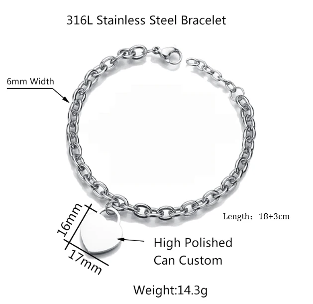 Kissmoon Personalized Engraved Heart Bracelet Custom Name Text Bracelet for Women Men Stainless Steel Wrist Chain Jewelry Gift