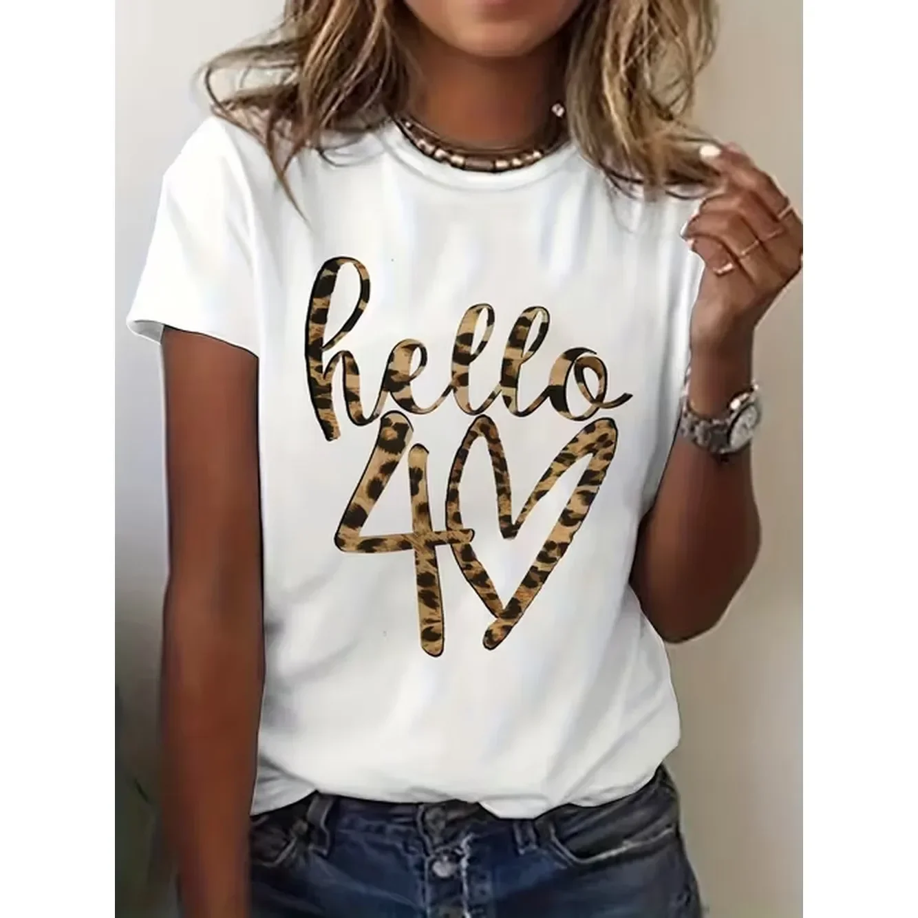 item picture 40th birthday hello 40 leopard letter print t shirt short sleeve crew neck casual top for summer and spring womens clothing