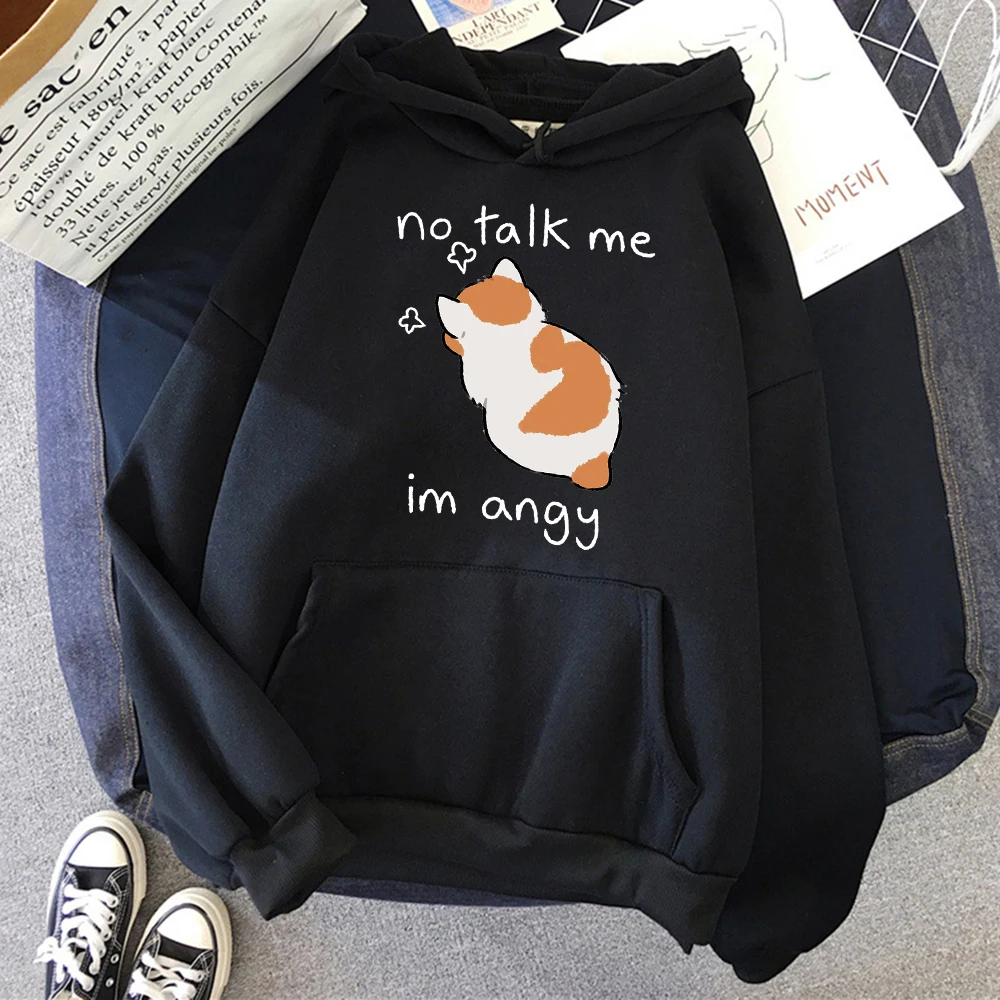 Men Women Hoody No Talk Me Cute Angry Cat Print Hip Hop Soft Sweatshirt Casual Fleece Sweatshirt Oversize Fleece Streetwear