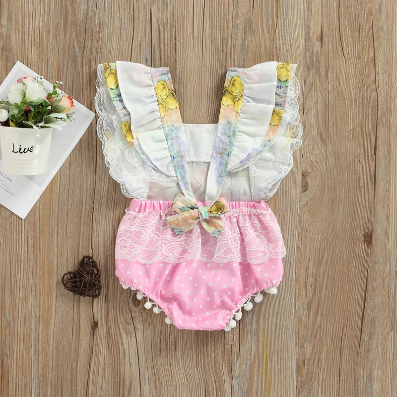 Adorable Infant  with Bunny Pattern Lace Trim Flutter Sleeves U Neckline and Pom Pom Detail - Sweet Baby Romper