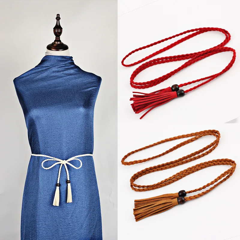 Trendy, Niche Women's Slim Leather Belt with Wooden Bead Accents Extra-Long Waist Chain with Microfiber Fringe for Dresses