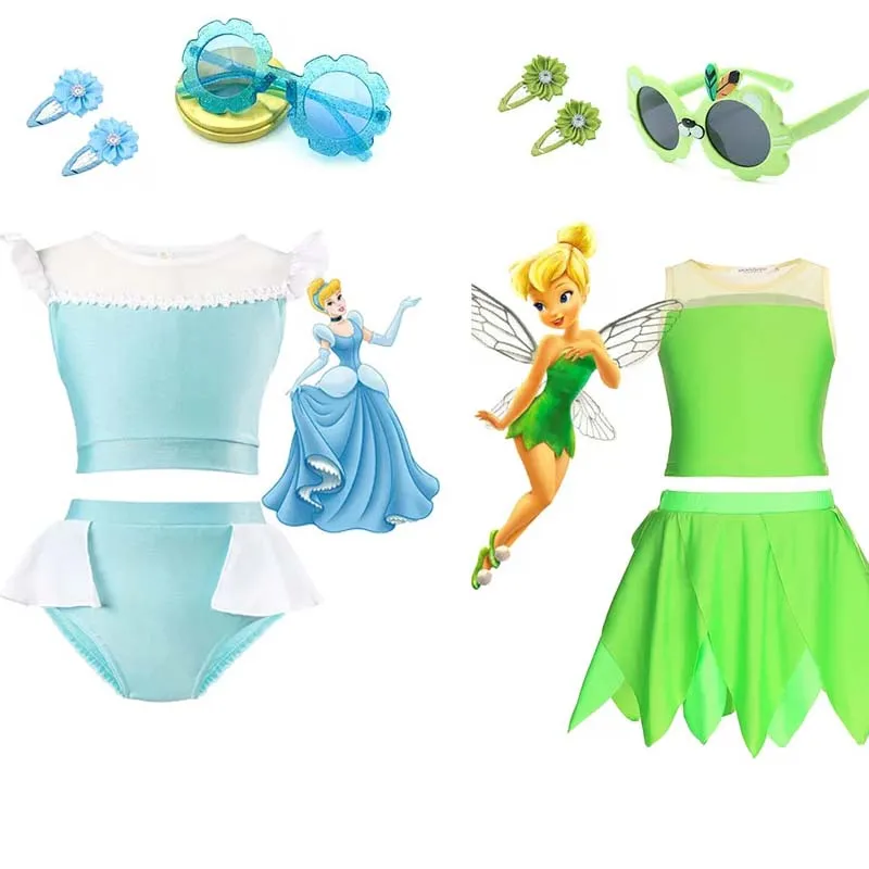 

Cute Disney Princess Cinderella Two Pieces Swimsuit Tinker Bell Pool Swimwear Summer Girl Beach Bikini Toddler Swimming Clothing