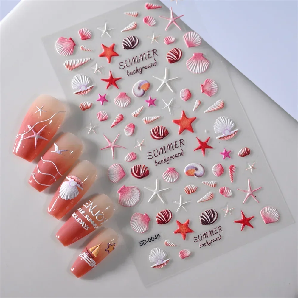 

1 Sheet Sea Shell 5D Nail Decals Starfish/Shell Beach Embossed Reliefs Self-Adhesive Nail Sticker Ocean Summer Shell Nail Slider