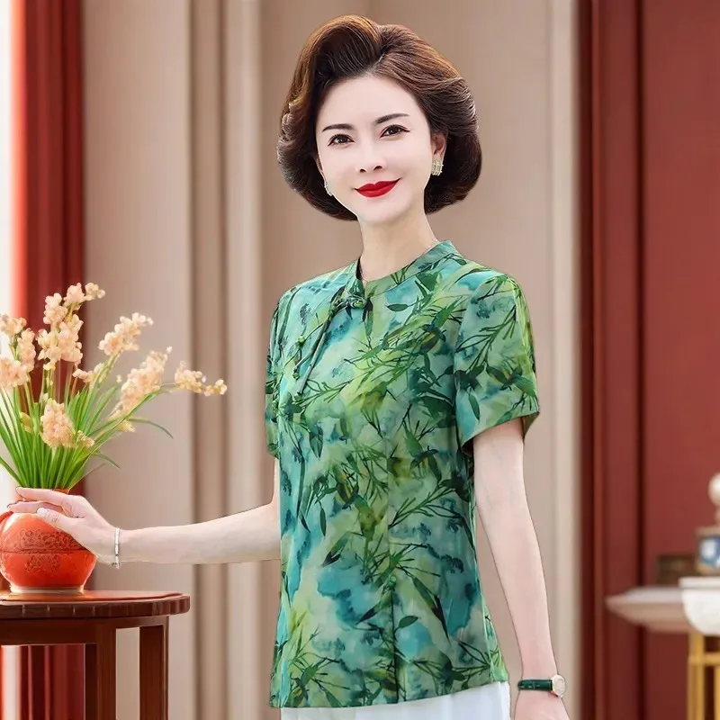 

Women's Floral Print Manin Collar Short Sleeve Blouse Chinese Style Cheongsam Top for Middle-Aged