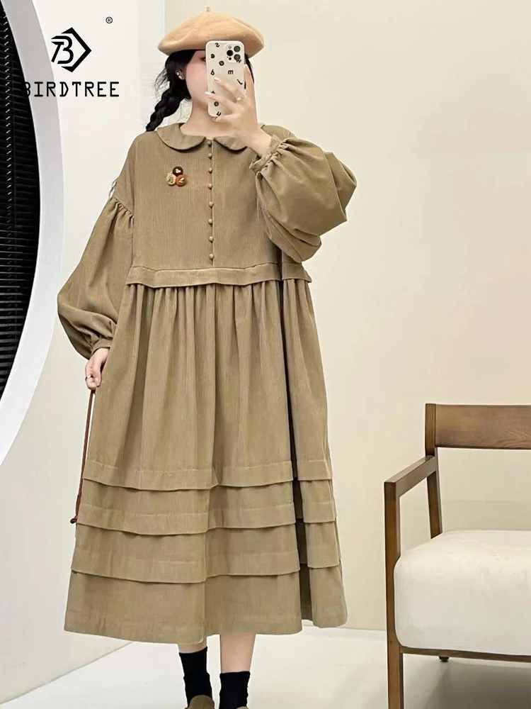 New Autumn Corduroy Long Sleeve Dresses, Women Peter Pan Collar Ruffles, Mori Girl Retro Sweet Loose Dress, 2024 Winter D4N716CC