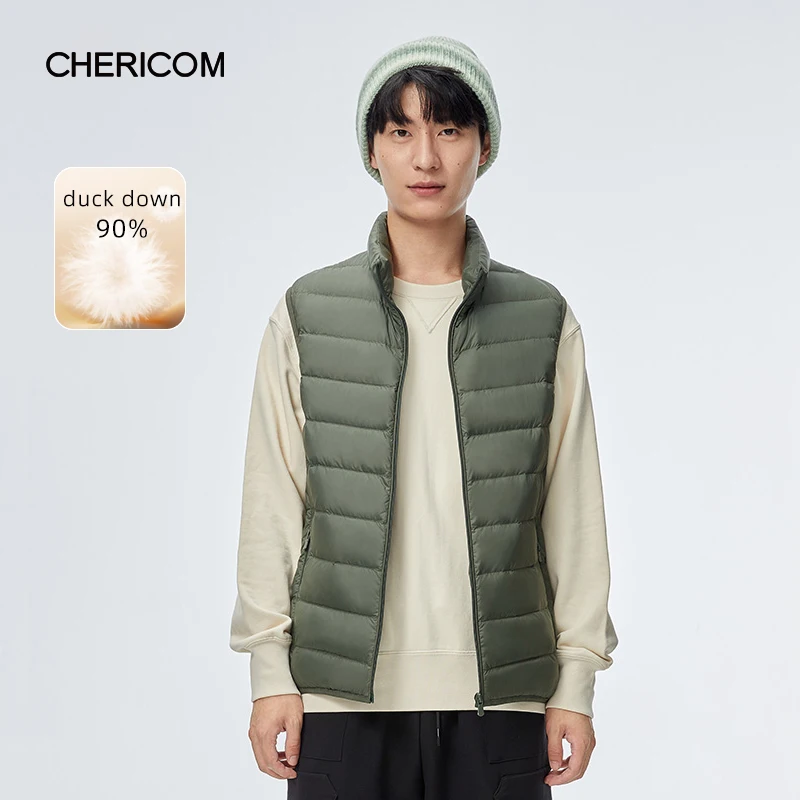 Chericom winter men's short stand-up collar slim-fitting solid color down vest fashionable versatile stacked vest jacket 289951