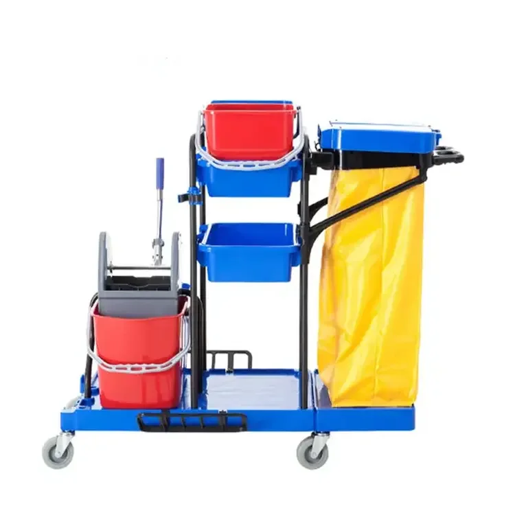 

3-Shelf Wheeled Janitorial Cleaning Cart with Yellow Vinyl Bag Commercial Office and School Space Made of Durable Plastic