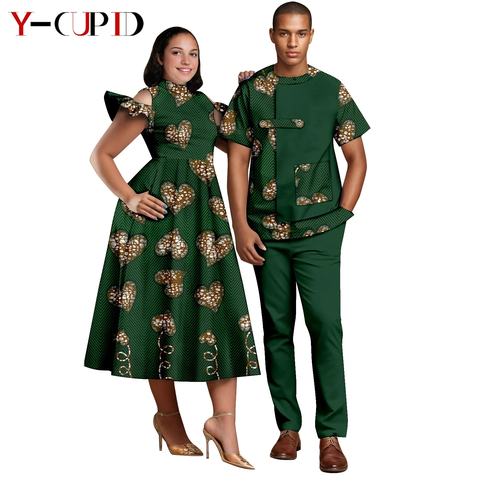 

African Print Petal Sleeve Dresses for Women Matching Men Outfits Designed Top and Pants Sets African Couple Clothes 25C099