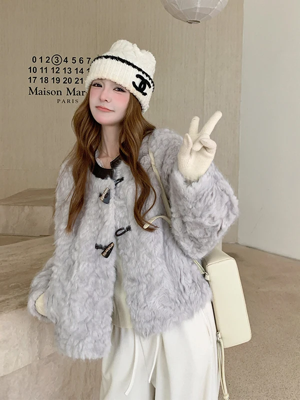 Lamb Fur Jaet Women's ort Thiened Autumn Winter New Sle Cute Original Design Stand Fit round Ne Button Closure Coat