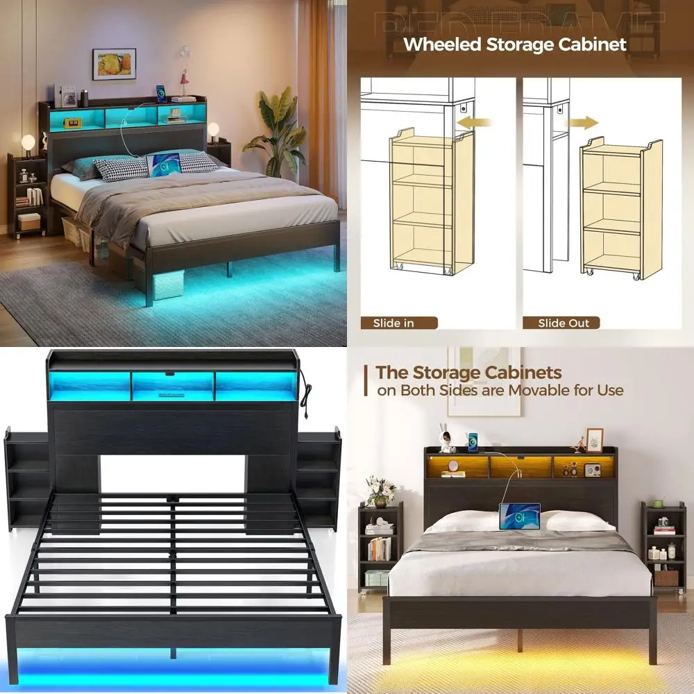 

Черная кровать размера Full с книжным шкафом для хранения, выдвижными ящиками, зарядной станцией, светодиодной подсветкой, металлическими ламелями, без необходимости использования пружинного блока, N