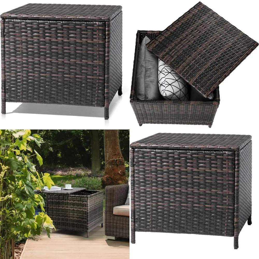 

Коричневый квадратный плетеный ящик для хранения на открытом воздухе с крышкой, приставной столик для патио для двора и крыльца