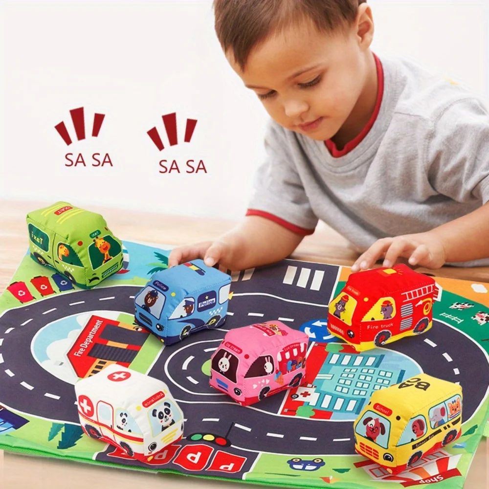 6 Pcs/Set Baby Soft Cloth Traffic Car Toy, Soft, Washable with Playmat/Storage Bag, Suitable for Baby Birthday Holiday Gift Toys