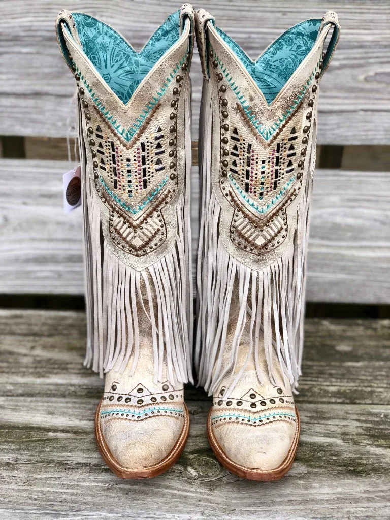 V Collar Rivet-Embellishment Embroidery Leather Fringing Knee High Cowgirl Boots Tassels Flower Curved Toe Block Heels Shoes