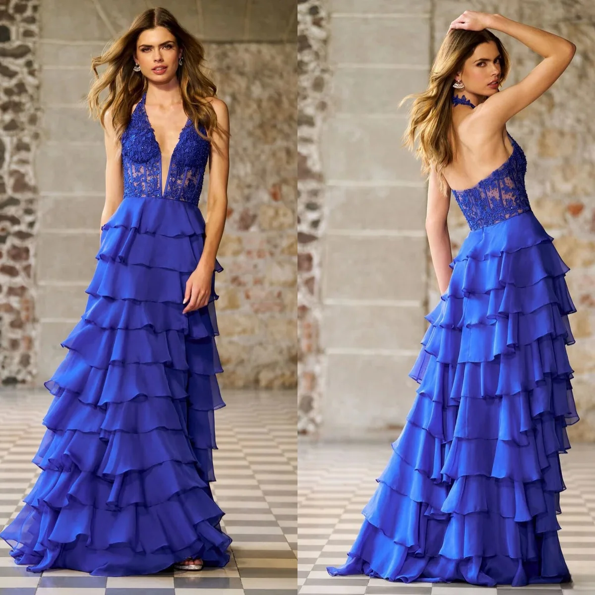 Spring Blue Prom Dress Handmade Multilayer Sleeveless Formal Occasion Gowns Lace Appliqued Tiered Puffy Party Dress