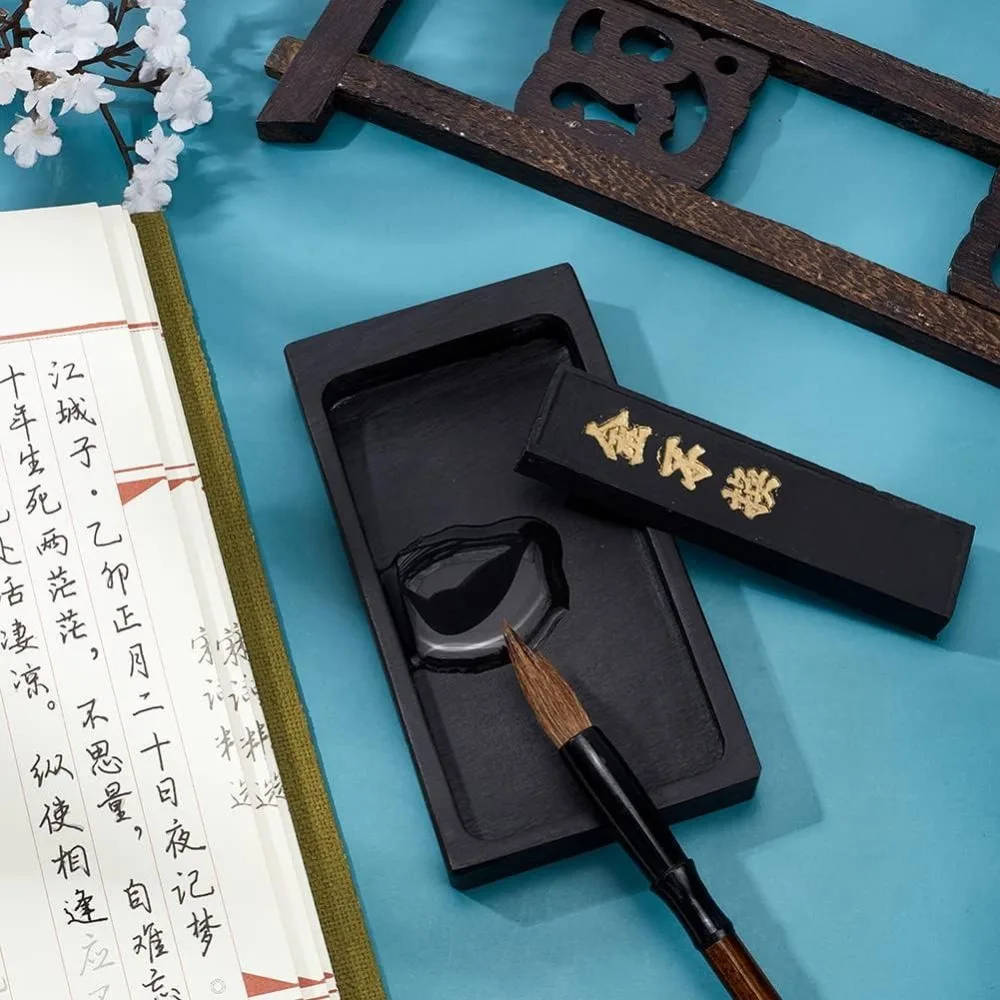 Chinese Calligraphy Inkstone with Ink Stick Traditional Chinese Ink Stones Sumi Drawing Ink Dish Ink Well Ink Tray for Chinese