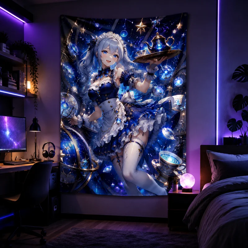 VIKAMA “Magical Maid Girl” Anime Tapestry, Blonde Lolita Starry Sky Fantasy Wall Hanging, Home Decor for a Girl's Bedroom