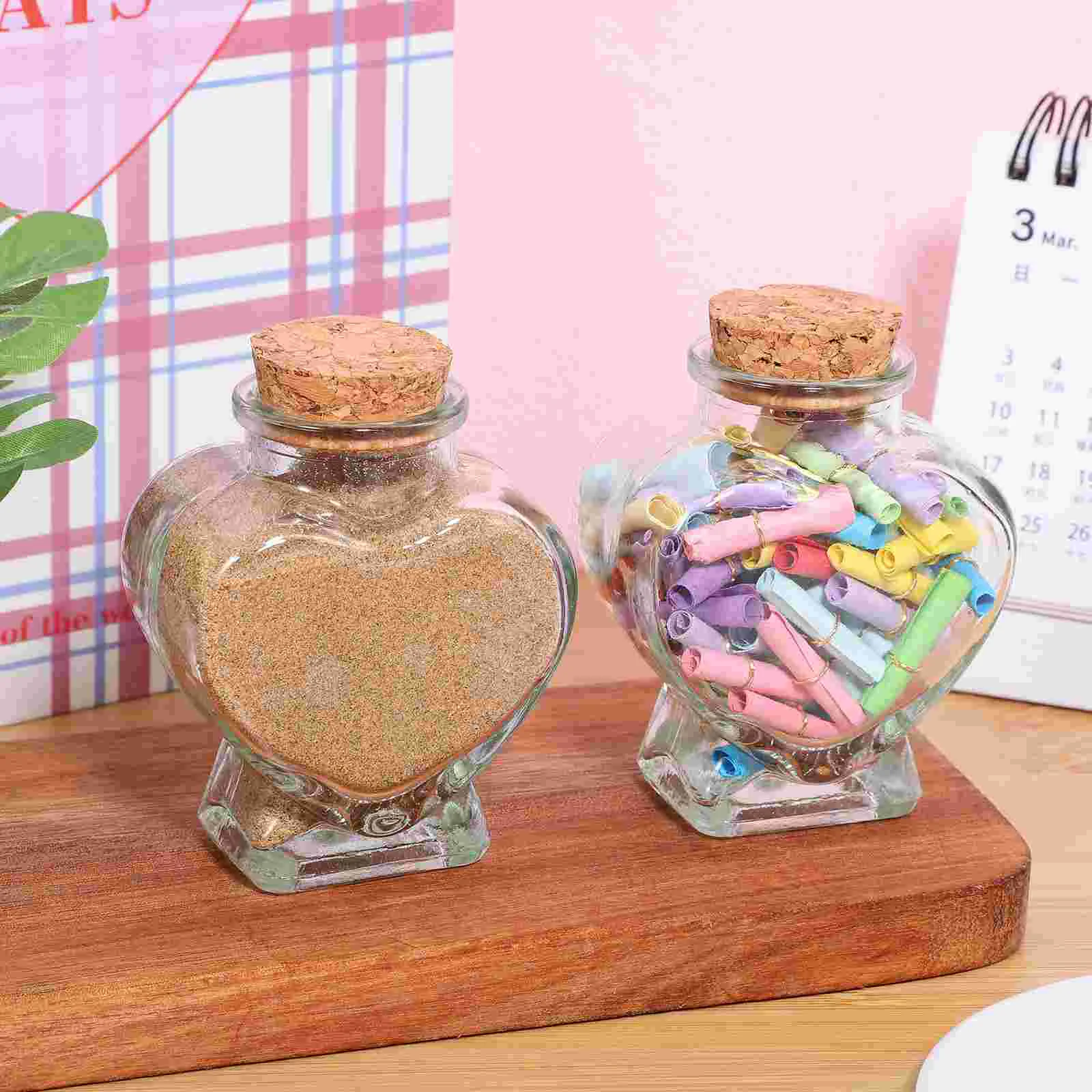 2 Pcs Glass Wishing Bottle Bride Candy Jar Heart Shape Mini High White Bottles Corked DIY