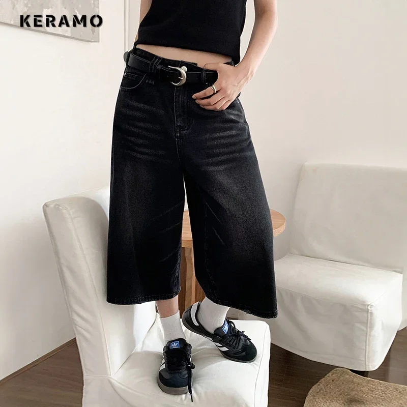 Women Black Y2k Style Baggy Denim Shorts Wide Leg Short Pants Fashion High Waisted Dark Wash Knee Length Jeans Female Casual