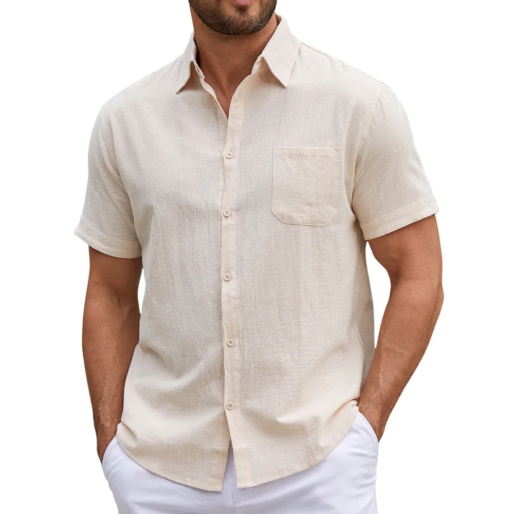 Summer Men's Short Sleeve Shirt Cotton Linen Breathable Lightweight Casual Vacation Style Tops Lapel Collar Hawaiian Shirts