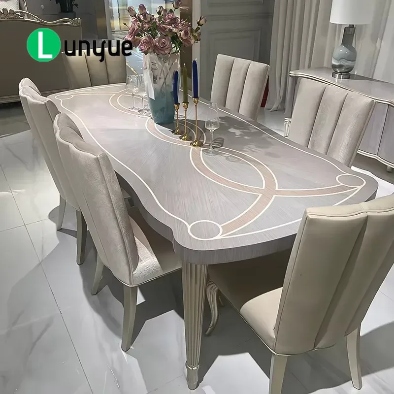 French Style Solid Wood Dining Table Hand Carved European Kitchen Table with Artistic Inlay for Hotels