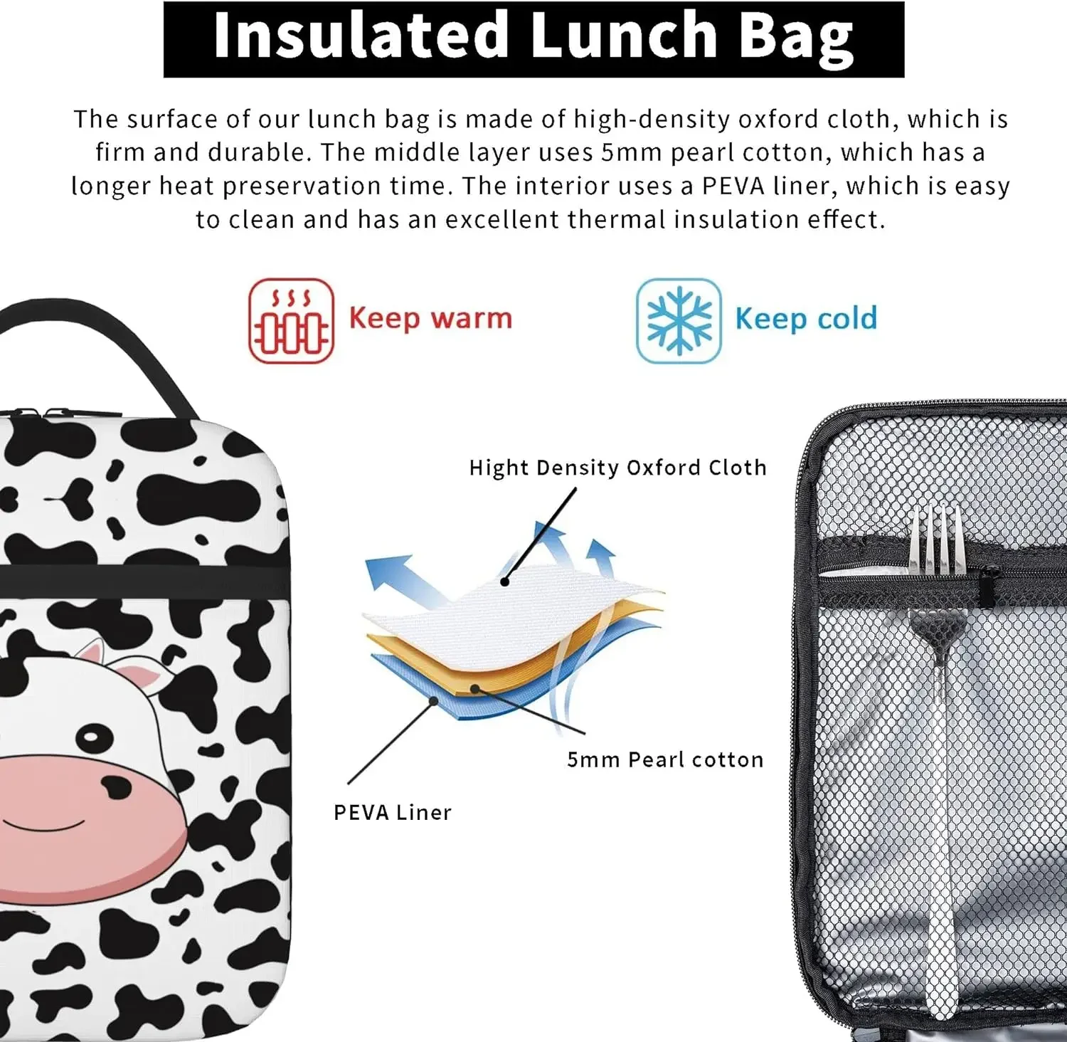 Black Cow Print Lunch Box/Bag for Women Girls Boys Kids Large Capacity Insulated Lunch Bag For Office Work School Picnic Beach