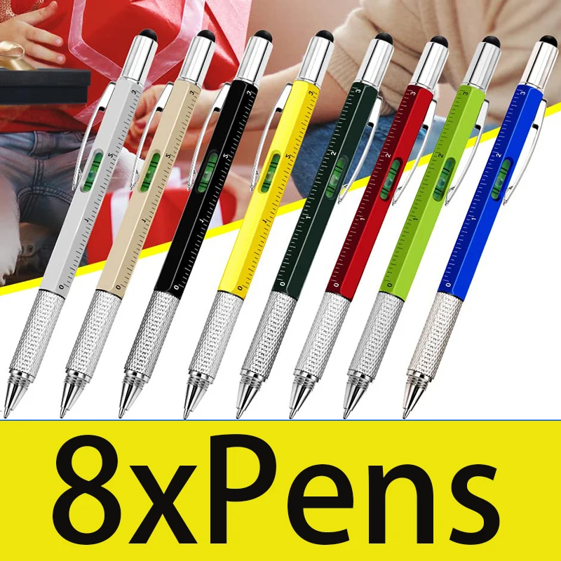 

8Pcs 6 in 1 Multitool Pen with Ruler Tech Tool Level Gauge Screwdriver Multifunction Touch Screen Ballpoint Pens