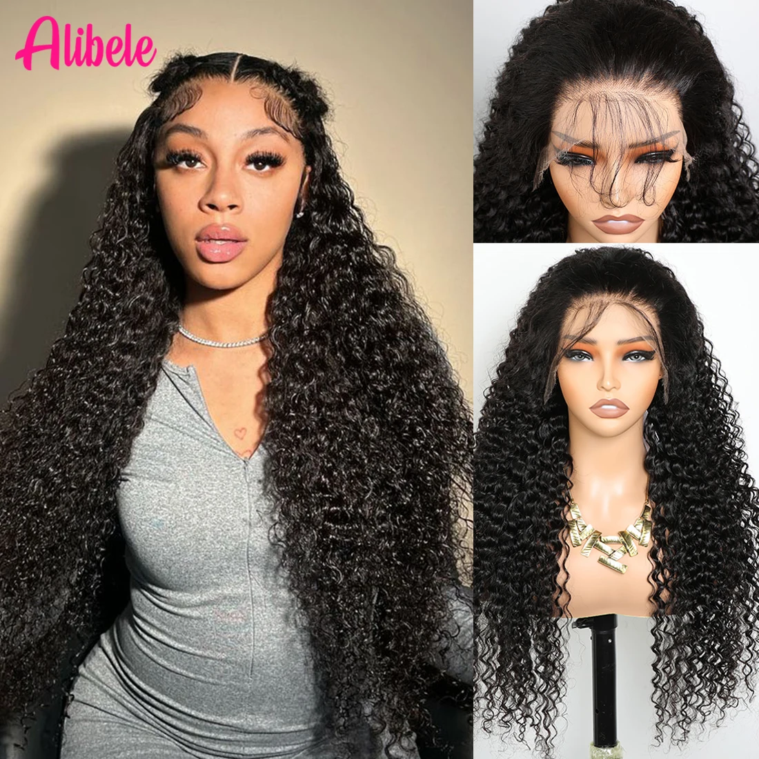 

Curly Transparent Lace Frontal Wig ALIBELE 13x4 Pre Plucked 12A Virgin Human Hair Lace Front Wig For Black Women