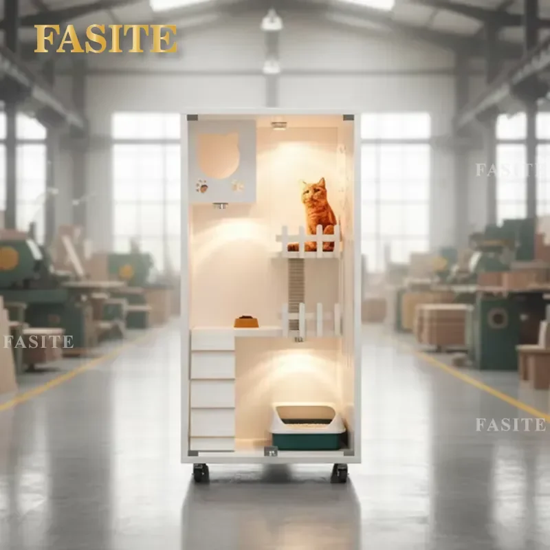 For Modern Luxury Large Solid Wood Breathable Cat Villa Spacious Pet House with Elegant Animal Pattern Living Room Furniture