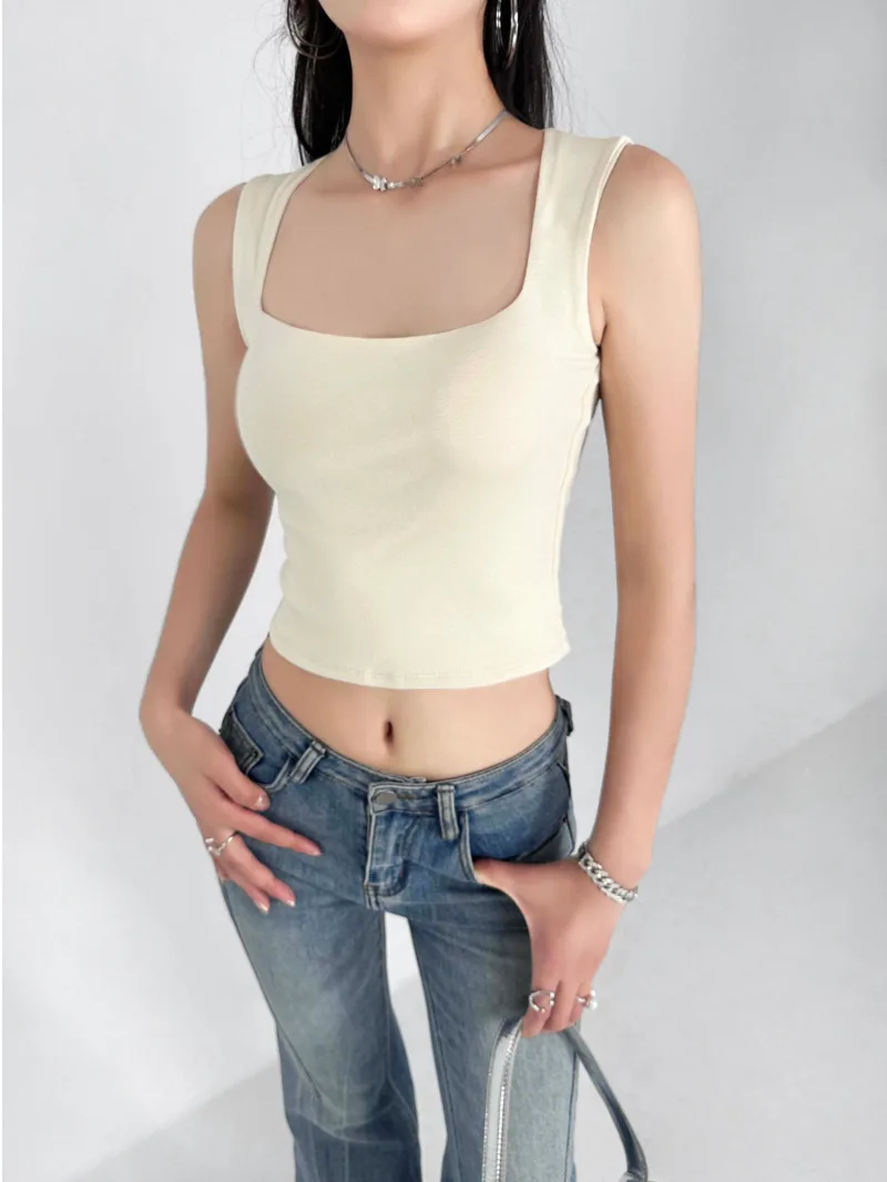 

American Style Wide Shoulder Strap Camisole Women Summer Square Collar External Wearing Spicy Girl Short Slim Solid Top C808