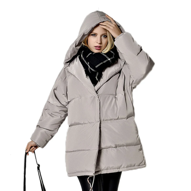 FTLZZ Winter Women Jackets 90% White Duck Down Parkas Loose Hooded Coats Medium Long Warm Casual Pink Snow Outwear