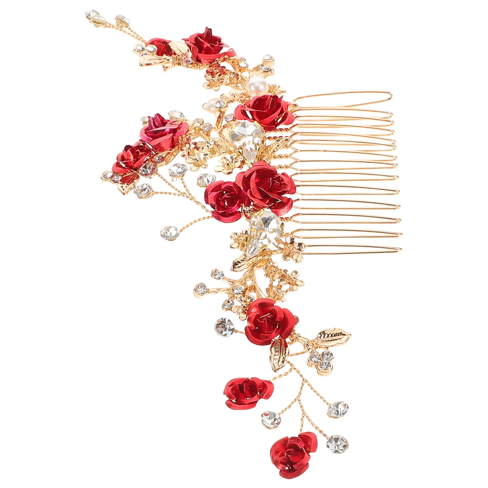 

Red Flower Hair Comb Elegant Bridal Floral Rhinestone Pearl Hairpiece Vintage Wedding Party Hair Accessories Flower Headpiece