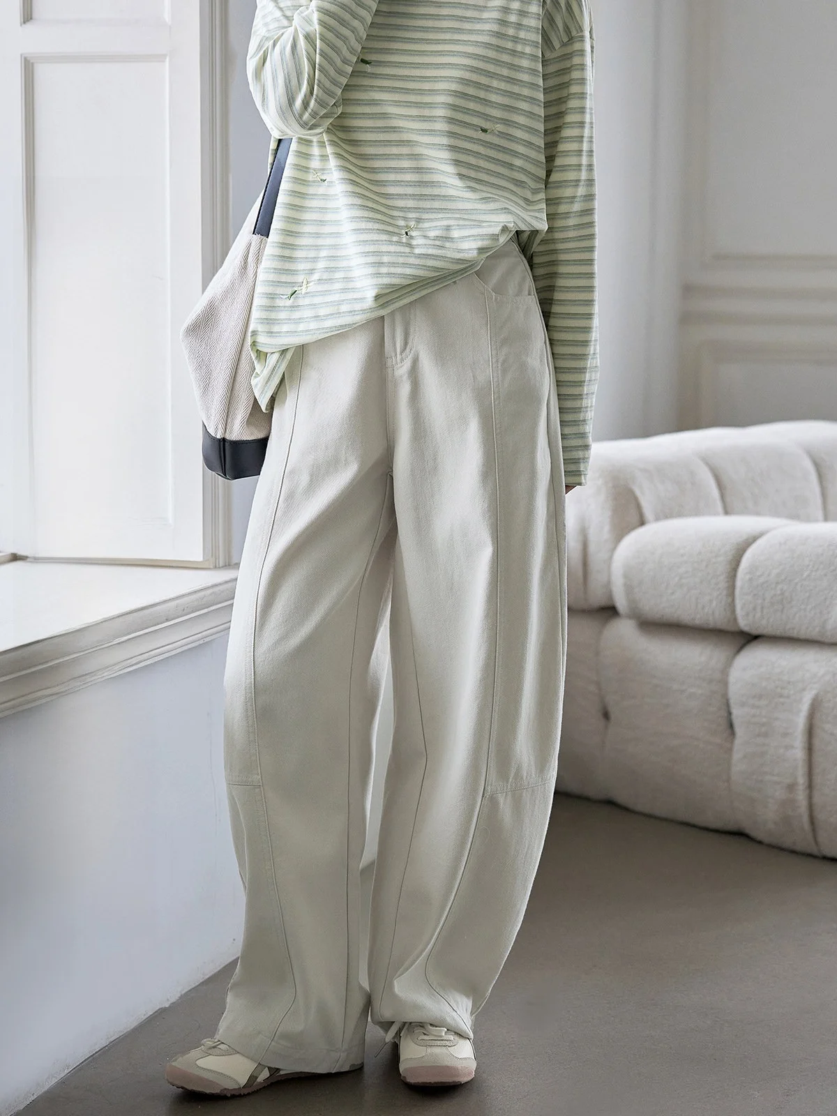 HuiXi Apricot Casual Pants Women's High Waist Wide Leg Splicing Slimming Straight Pants Vintage Sle Autumn New Arrival