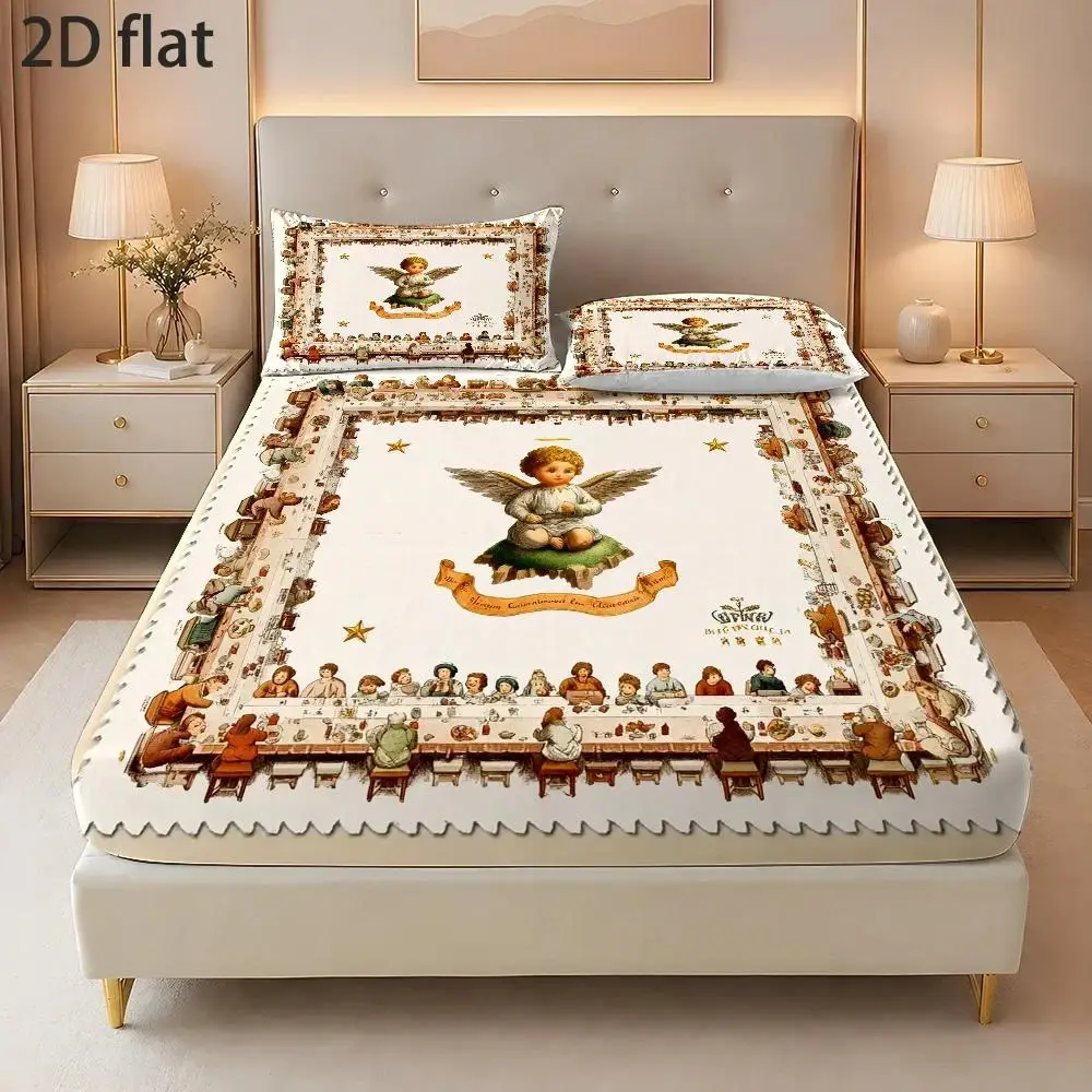 2D Digital Printed Three-Piece Bedding Set (Includes 1 Fitted Sheet + 2 Pillowcases) Mattress Protector, Fitted Elastic Style, Protective Cover, 2D Flat Priting, Mattress Protector, Angel-Themed Feast, Vintage Oil Painting Style, Christmas Limited Edition, Suitable for All Seasons, Machine Washable Design, Holiday Decoration, Various Sizes, Breathable Protective Cover Plus Pillowcase