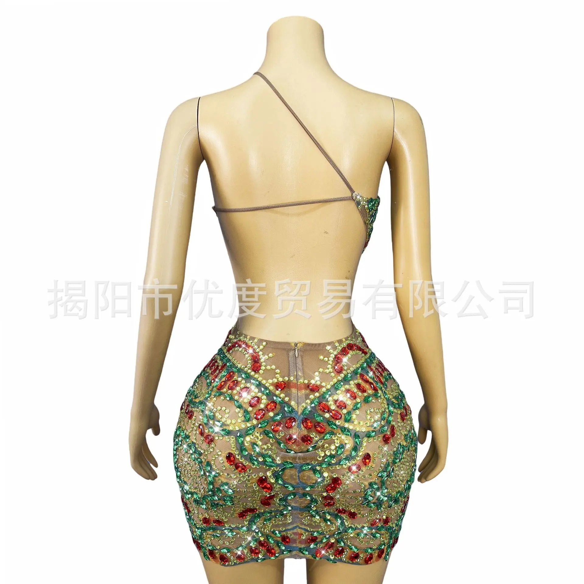 المرأة Halterneck مفتوح الظهر حفلة عيد ميلاد ملون بريق حجر الراين بقماش شفاف فستان قصير تنورة مصر Vestito Con Cristalli #4