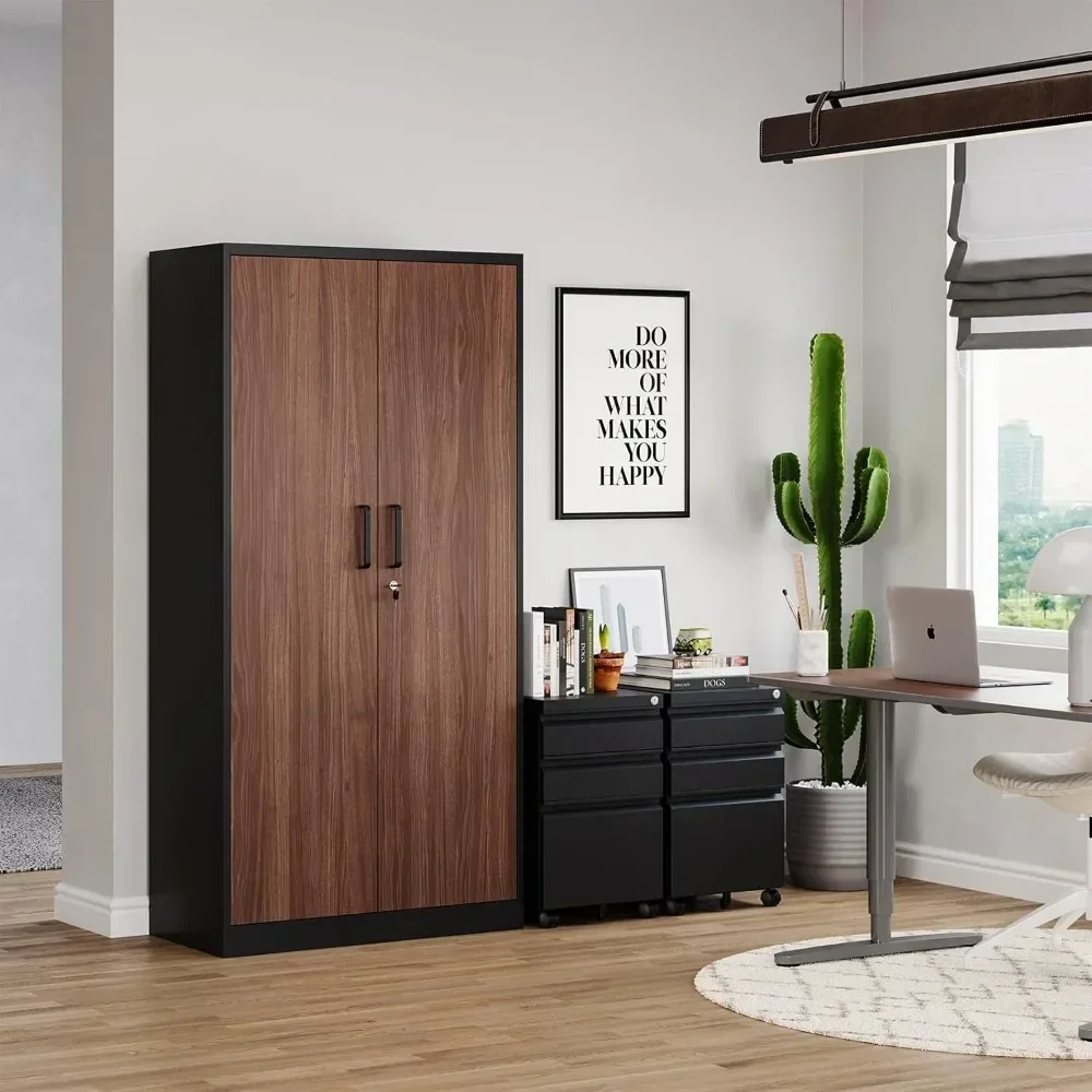 Metal Wardrobe Cabinet with Locking Doors, Metal Storage Armoire Closet for Clothing, 2 Door Woodgrain with Adjustable Shelves