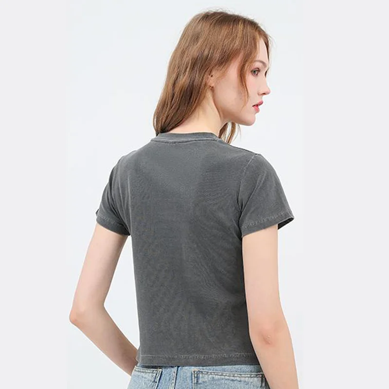 Women DIY Custom LOGO 240GSM Solid Color Slim Washed T-Shirt Soft Cotton T Shirt Casual Sport Short Sleeve Cool Retro Y2K Female
