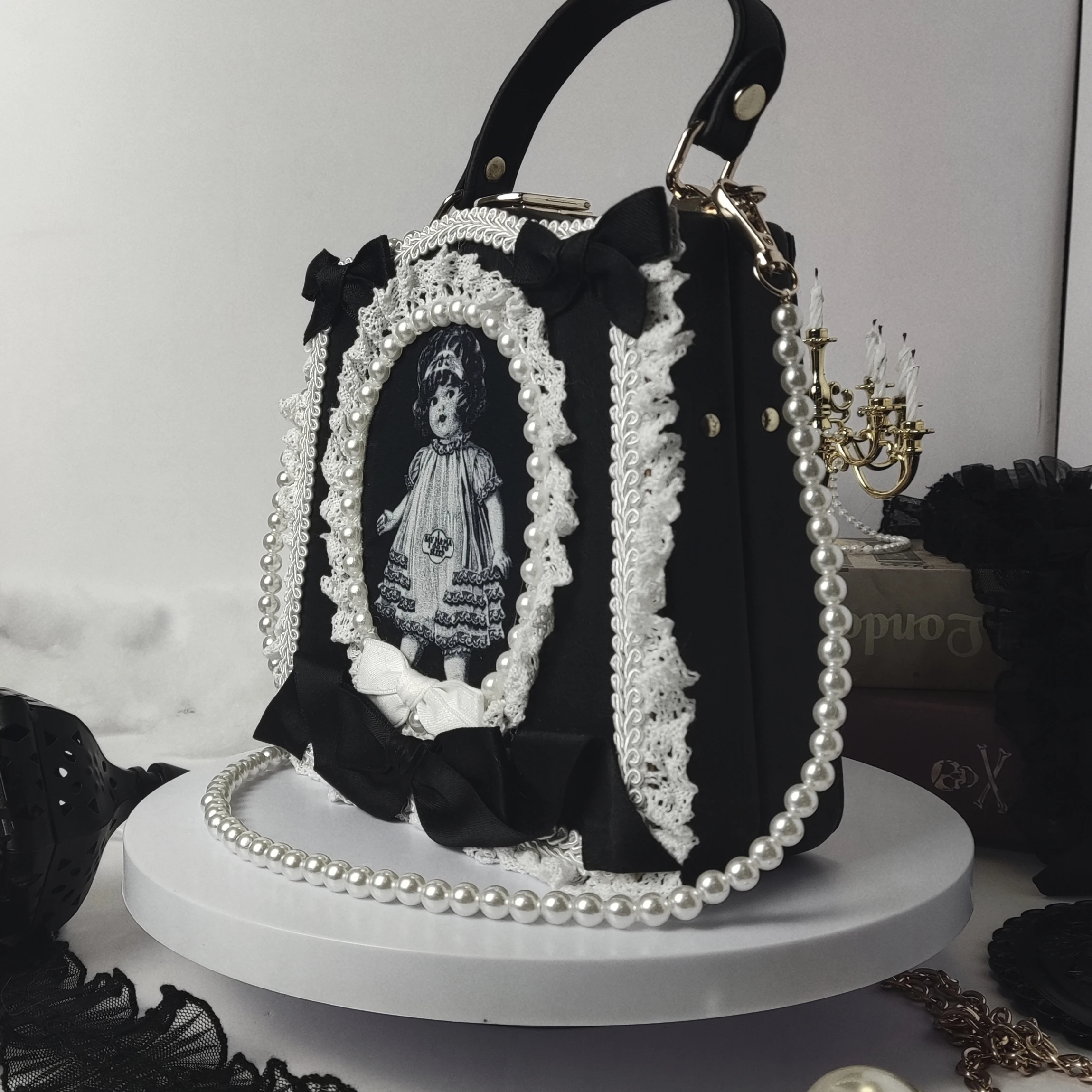 Women Girl Vintage Punk Handbags Black White Doll Satchels Bowtie Imitation Pearl Shoulder Bag Crossbody Bags Lace Ribbon Gothic