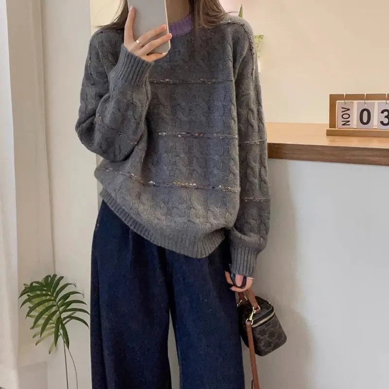 Korean style long-sleeved soft waxy loose sweater for women autumn and winter new style pullover contrast color chic knitted